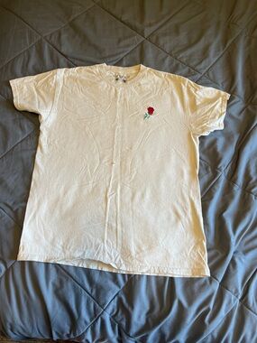 Kids White Tee with Red Rose Embroidery